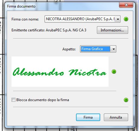 Adobe Reader la finestra Firma documento con l'anteprima della firma grafica.