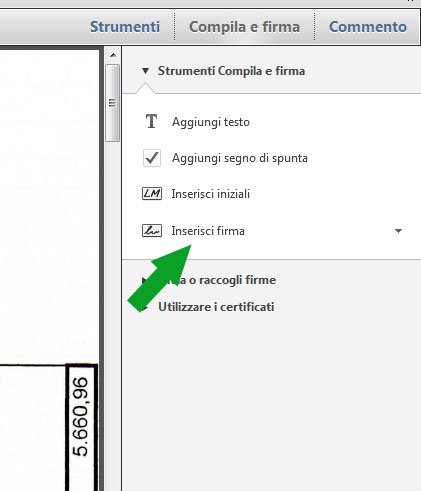 Il tasto Inserisci Firma nella colonna degli strumenti di Adobe Reader