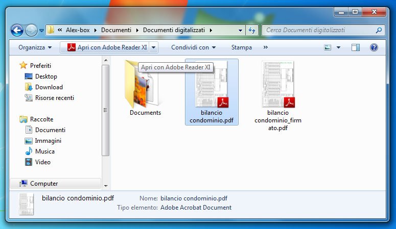 La cartella di destinazione con il file firmato con Adobe Reader