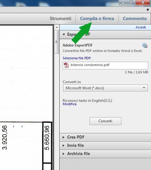 Il tasto Compila e Firma nelle colonna degli strumenti di Adobe Reader