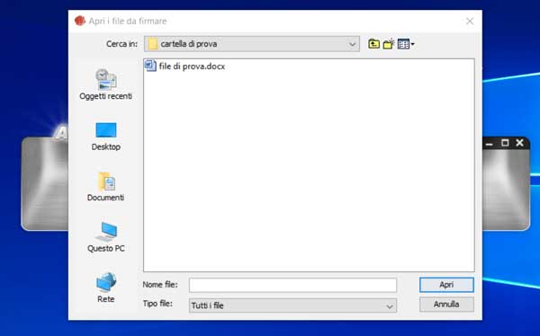 finestra di dialogo apri file per firma digitale pades