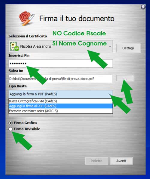 arubasign finestra di dialogo pin tipo firma digitale pades