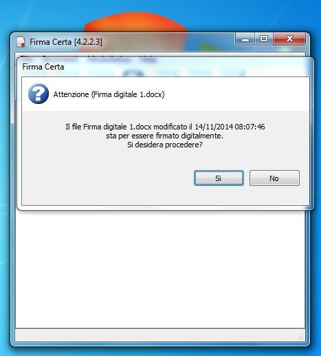 firma certa - finestra di avviso che il file sta per essere firmato