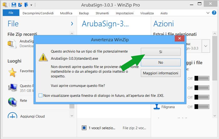 conferma apertura del file ArubaSign 3.0.3 con winzip