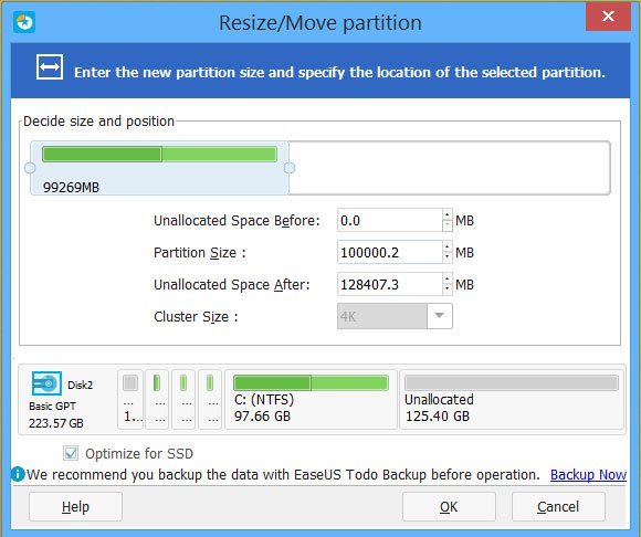 EaseUS Partition Master schermata Resize-Move Partition - Ridimensionare la partizione