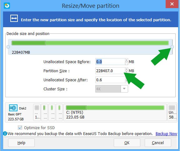 EaseUS Partition Master schermata Resize-Move Partition - Ridimensionare la partizione