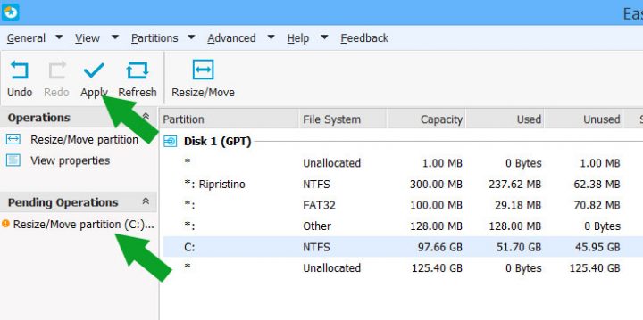 EaseUS Partition Master schermata principale - Apply