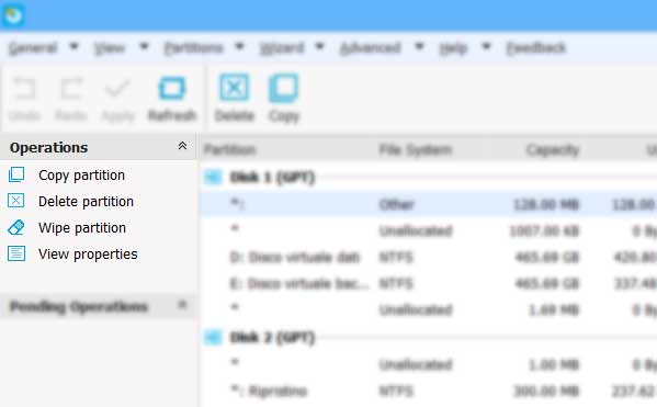 EaseUS Partition Master schermata principale area delle operazioni