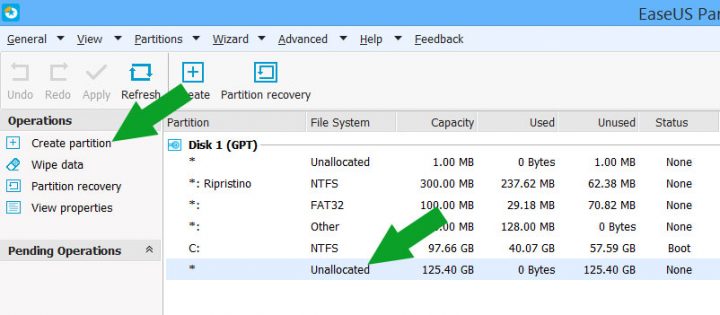 EaseUS Partition Master unallocated