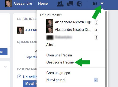 Facebook accedi alle pagine tramite menu