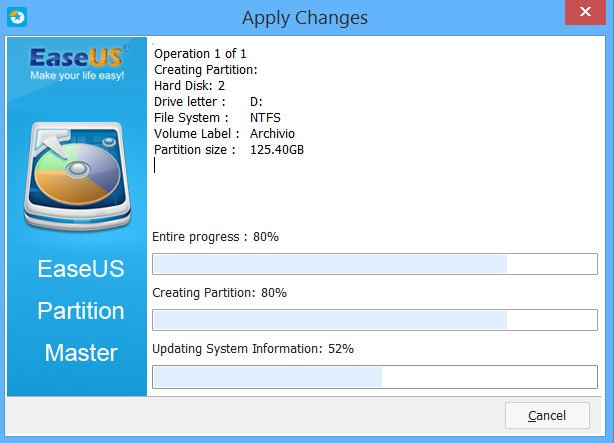 avanzamento apply changes - partizione hard disk