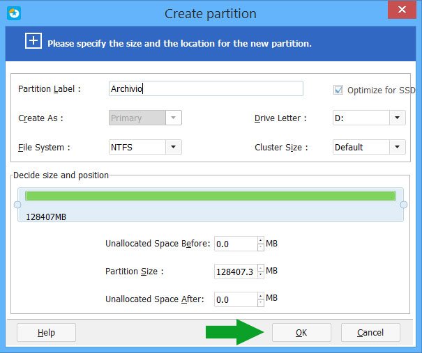 create partition - crea una partizione