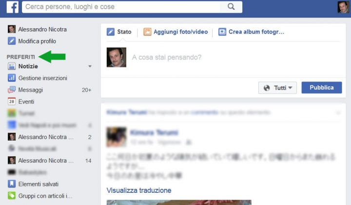 home page di facebook colonna con i preferiti