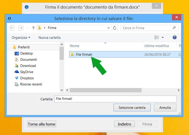 Dike 6 Software - seleziona la cartella in cui salvare i file firmati