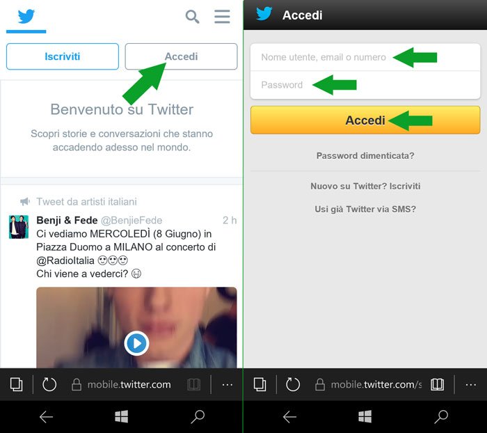 accedi a twitter mobile tramite browser