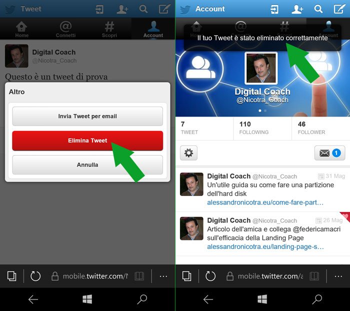 elimina tweet di twitter