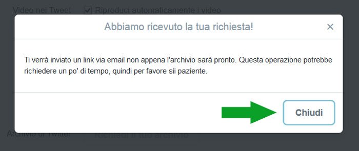 richiesta archivi twitter ricevuta