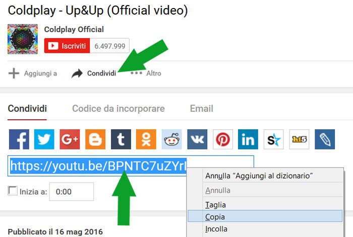 youtube codice di condivisione