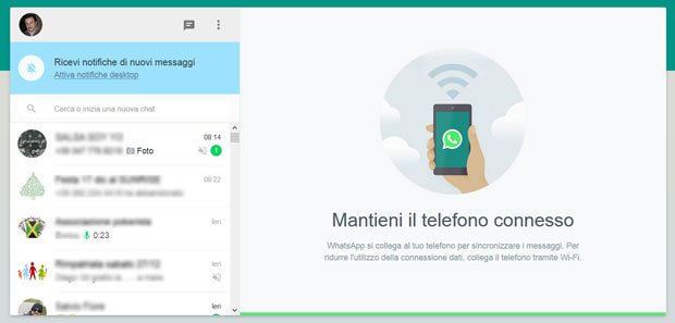 whatsapp web schermata dopo connessione