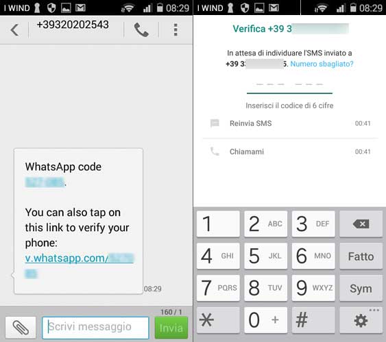 configurare whatsapp su Android SMS