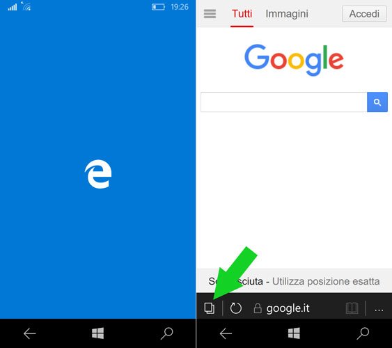 navigazione inprivate edge su windows 10 mobile