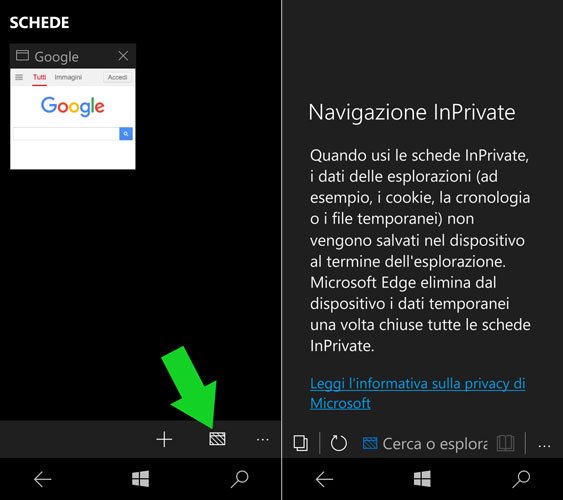 navigazione inprivate edge su windows 10 mobile