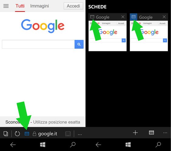 navigazione inprivate edge su windows 10 mobile