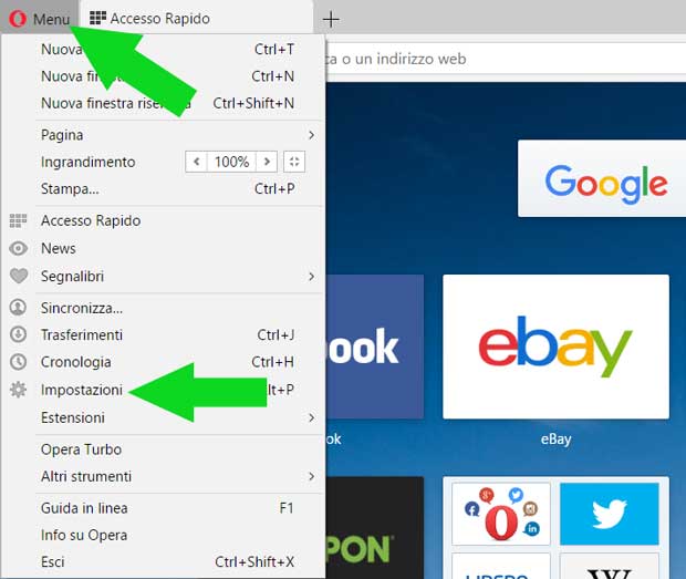 Accedi alle impostazioni di Opera