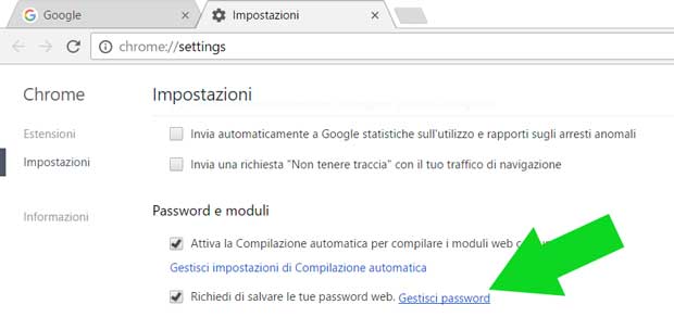Accesso a gestisci password Google Chrome