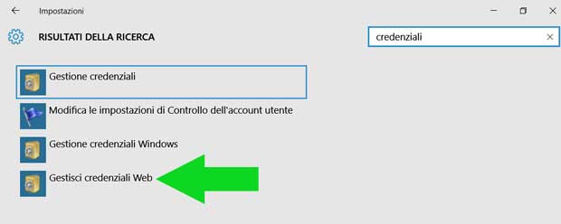 Gestisci credenziali Web Windows 10