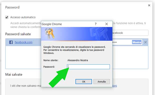 Inserire la password di Windows per recuperare la password di Facebook
