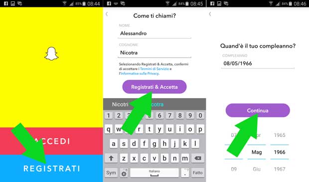 snapchat configurazione nome cognome data di nacita