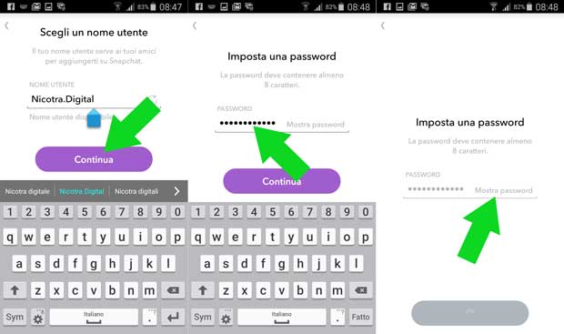 snapchat configurazione nome utente e password