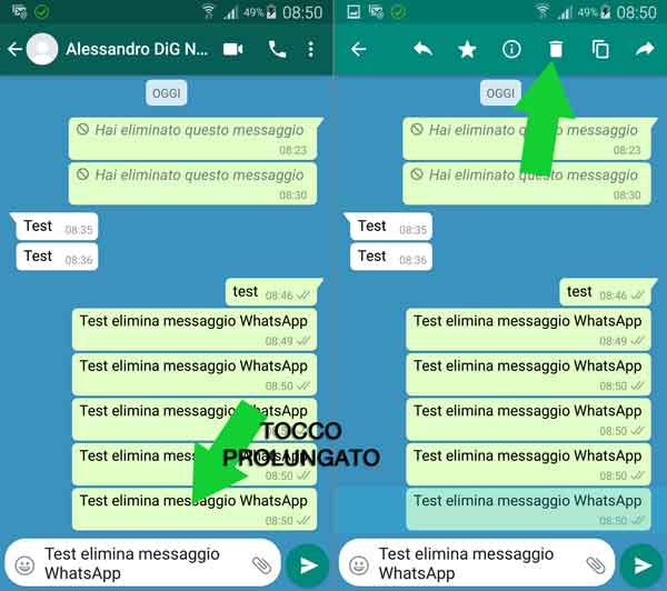 WhatsApp seleziona messaggio da eliminare
