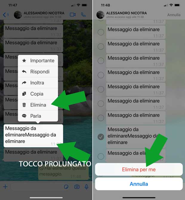 elimina messaggio ricevuto