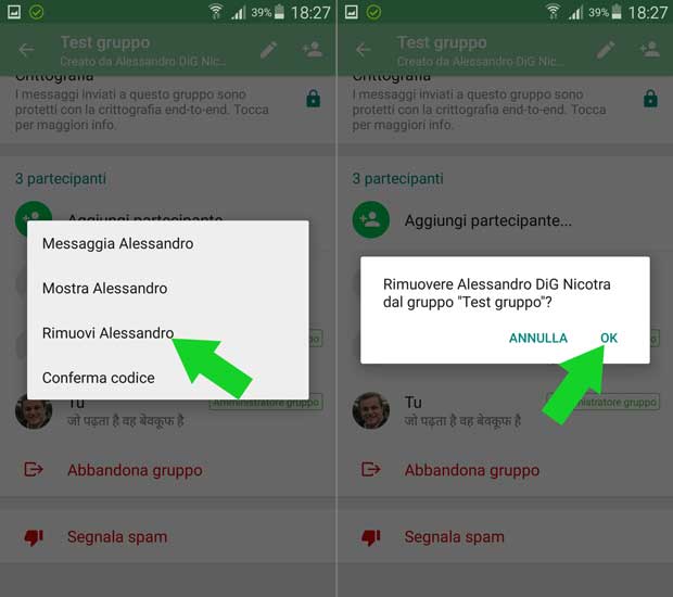 Rimuovere un utente da un gruppo di WhatsApp