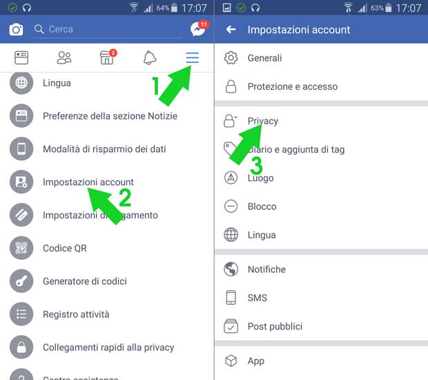 accedere a privacy facebook app android