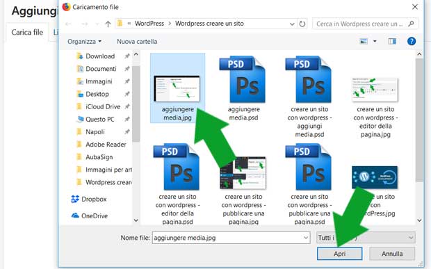 aggiugere media -apri file
