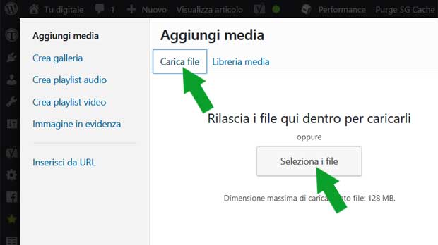 Creare un sito web con wordpress - aggiungere media 