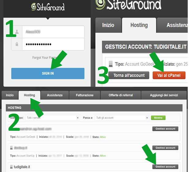 accedi al c-panel su siteground