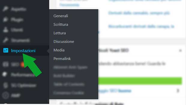 configurare sito wordpress - menu impostazioni