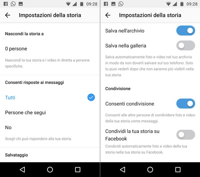 imspostazioni della storia di Instagram