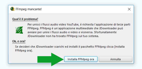 scaricare video da youtube jdownloader - ffmpeg mancante