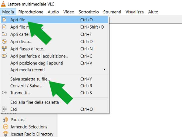 VLC apri file M3U lista IPTV
