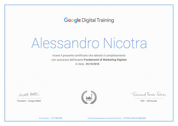 Google Digital Training - Certificato Alessandro Nicotra