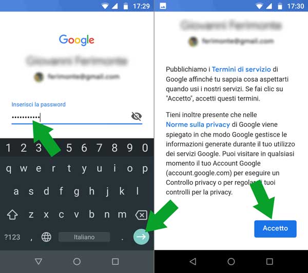 configurazioni android - aggiungi account google