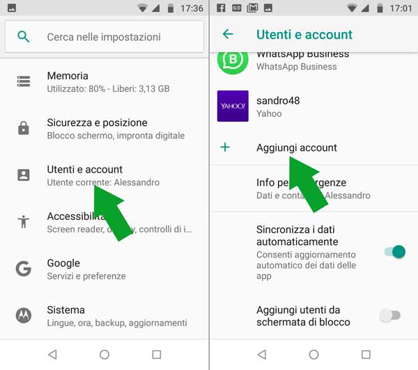 configurazioni android - aggiungi account