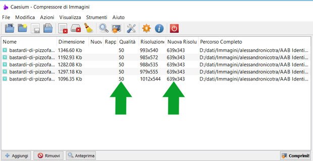 ottimizzare immagini - impostazioni di compressione Caesium