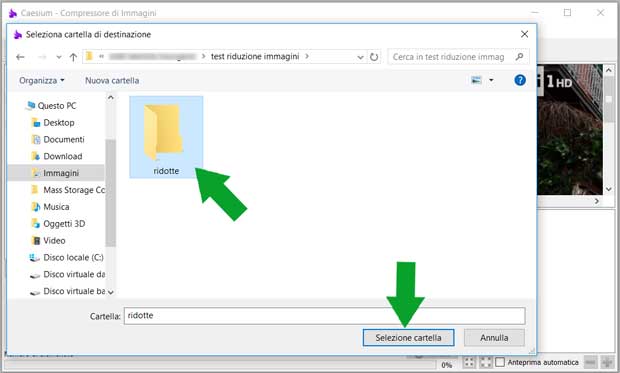 ottimizzare immagini - scegli cartella di destinazione file Caesium