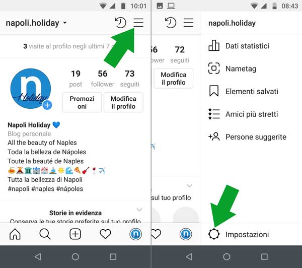 sbloccare utenti instagram - accedi alle impostazioni